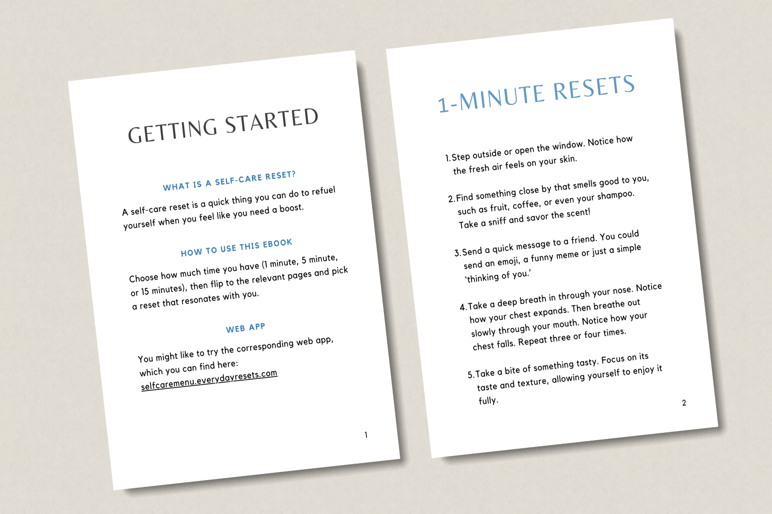 Two pages from the Self-Care Menu PDF ebook. The first is titled "Getting started" and the second is titled "1-Minute Resets"