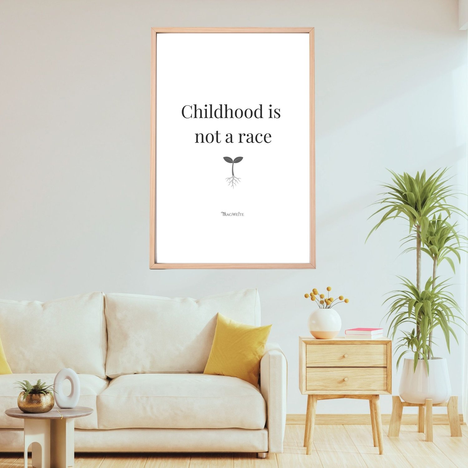 EN: Black and white printable poster "Childhood is not a race", minimalist design, living room setting DE: Schwarz-weißes Poster „Kindheit ist kein Wettrennen", minimalistisches Design, Wohnzimmer