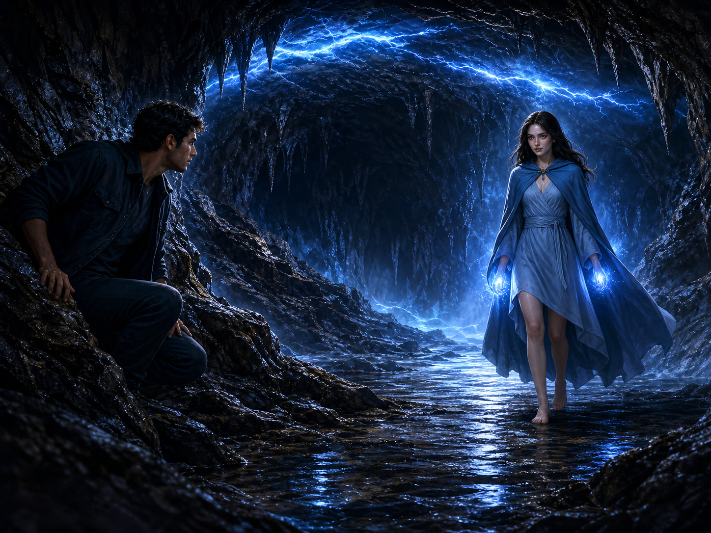 A man pins himself against a cave wall while a young female witch with glowing hands approaches.