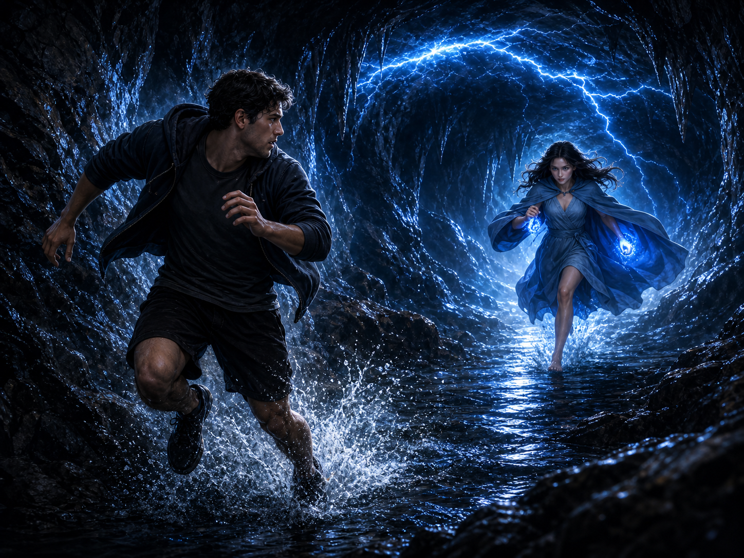 A man races away from a young female witch with glowing hands in a cave.