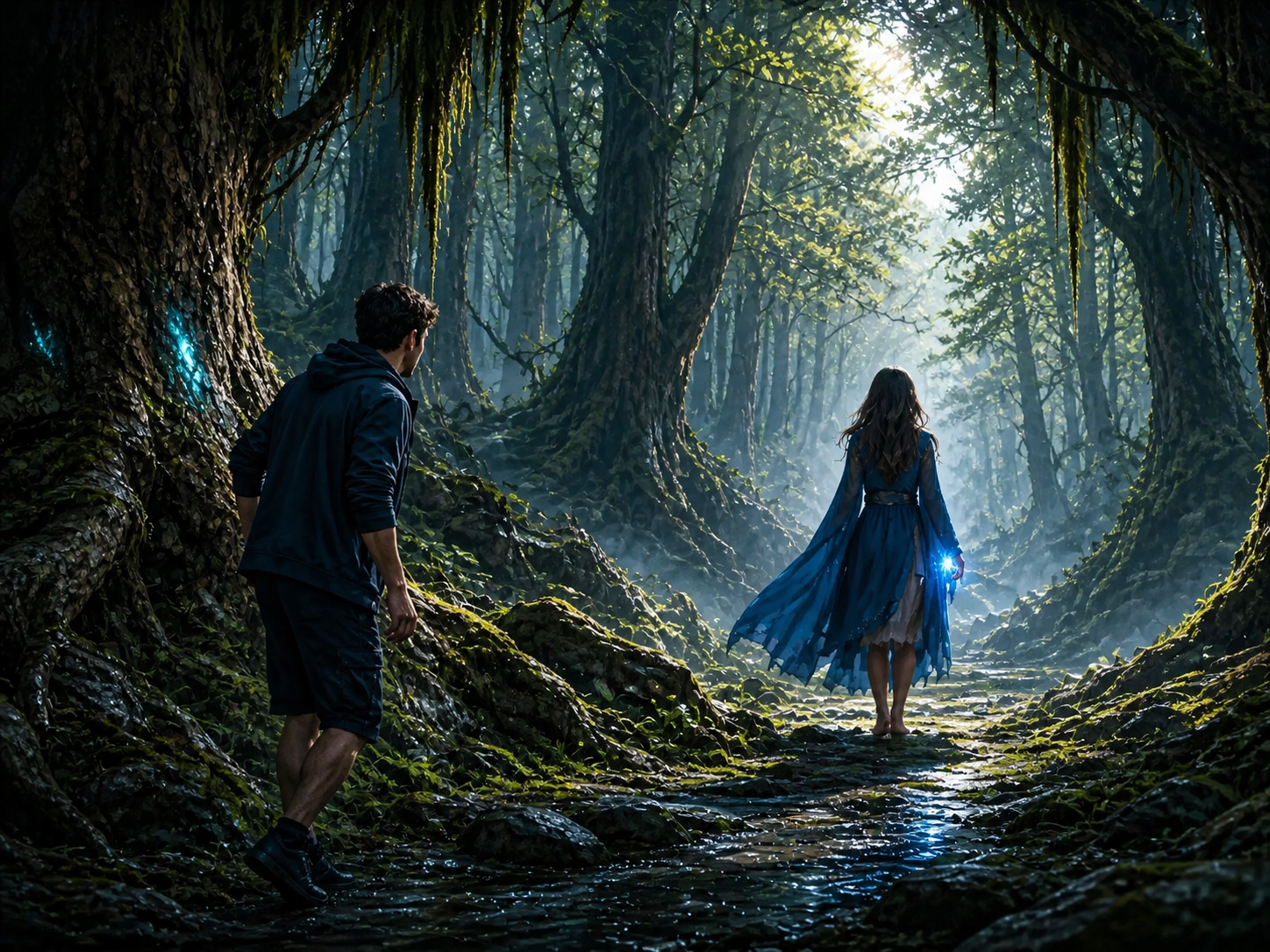 A man with light-olive skin stands facing a dark woodland, staring at a young witch, who is looking into the distance.