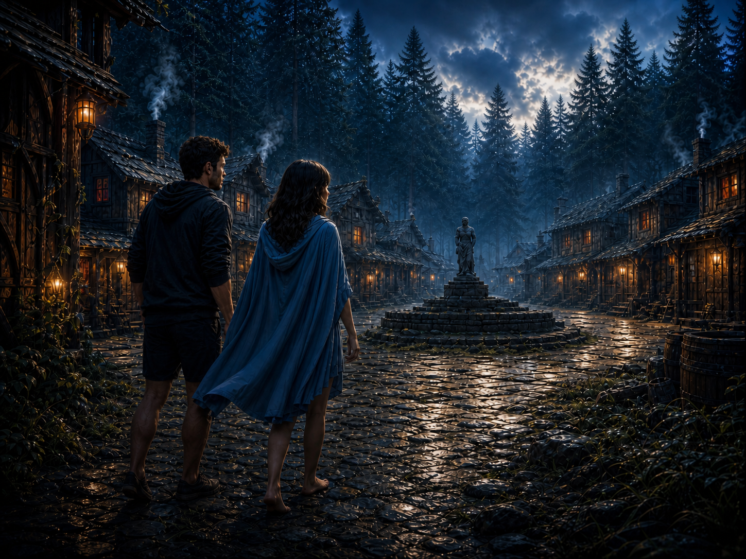 A young man with light olive skin and a woman in blue stare into a dank village