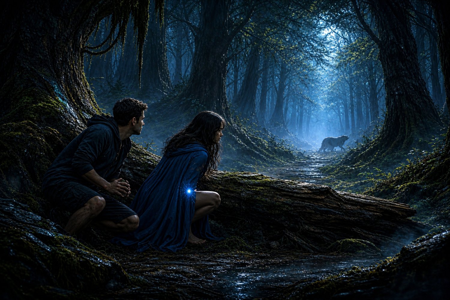 A man with light-olive skin kneels behind a log, right behind a young which with glowing hands.