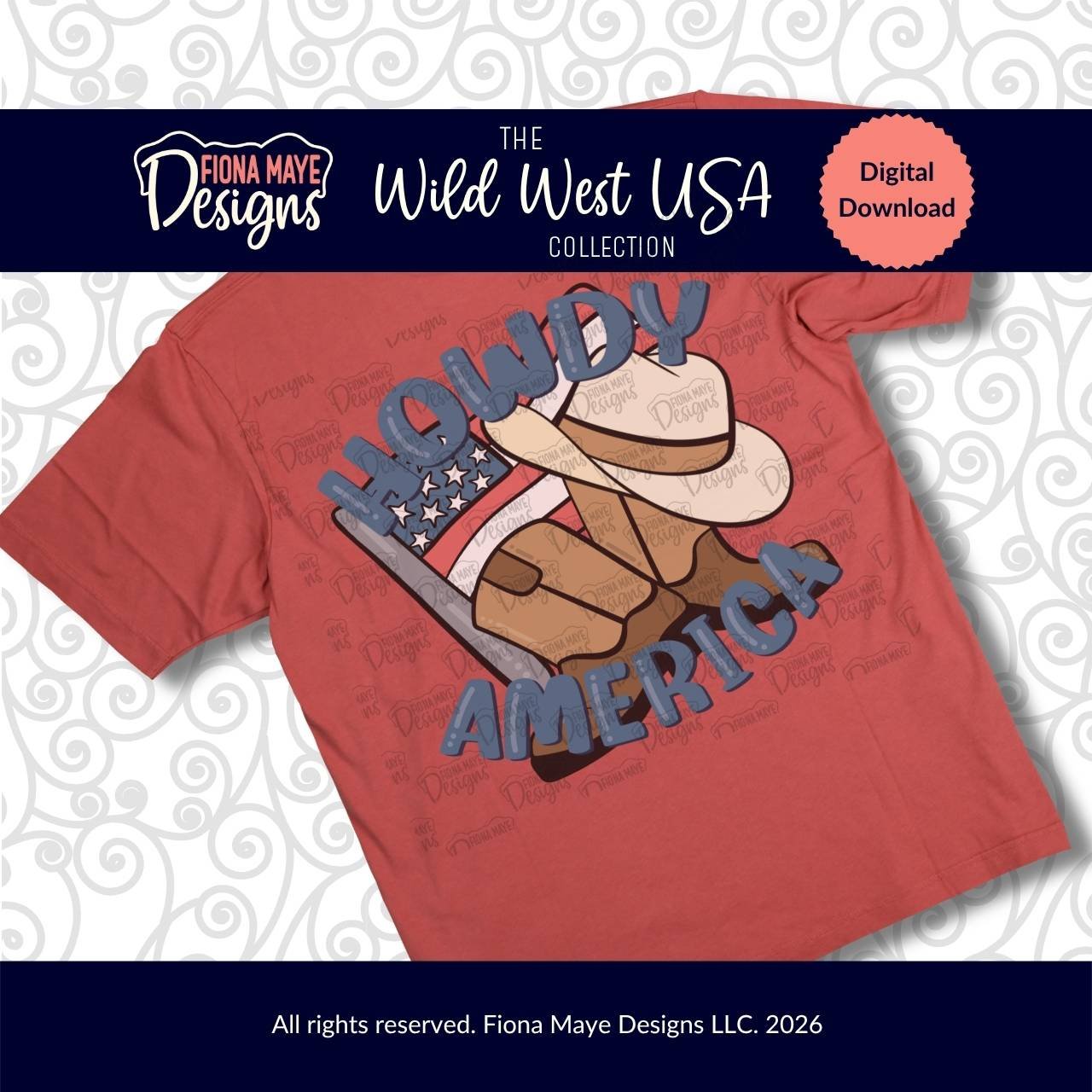 Hand-drawn Howdy America western patriotic PNG design featuring a cowboy hat, cowboy boots, and American flag graphic with bold blue lettering.  Wild West USA collection digital download by Fiona Maye Designs.