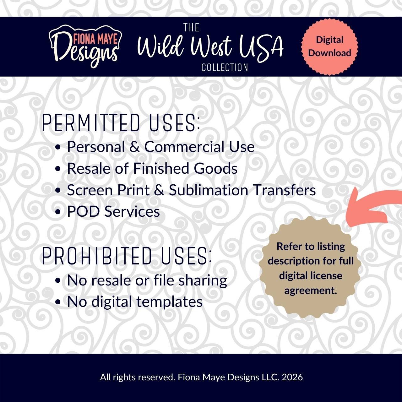License terms graphic for Fiona Maye Designs Wild West USA Collection. Permitted uses include personal and commercial use, resale of finished goods, screen print and sublimation transfers, and POD services; prohibited uses include resale or file sharing a
