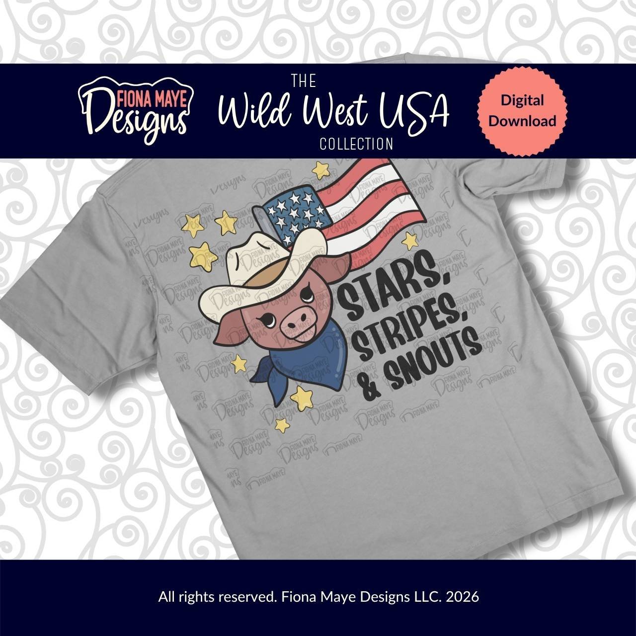 Hand-drawn Stars, Stripes & Snouts patriotic pig PNG wearing a cowboy hat with American flag and gold stars. Wild West USA Collection digital download by Fiona Maye Designs.