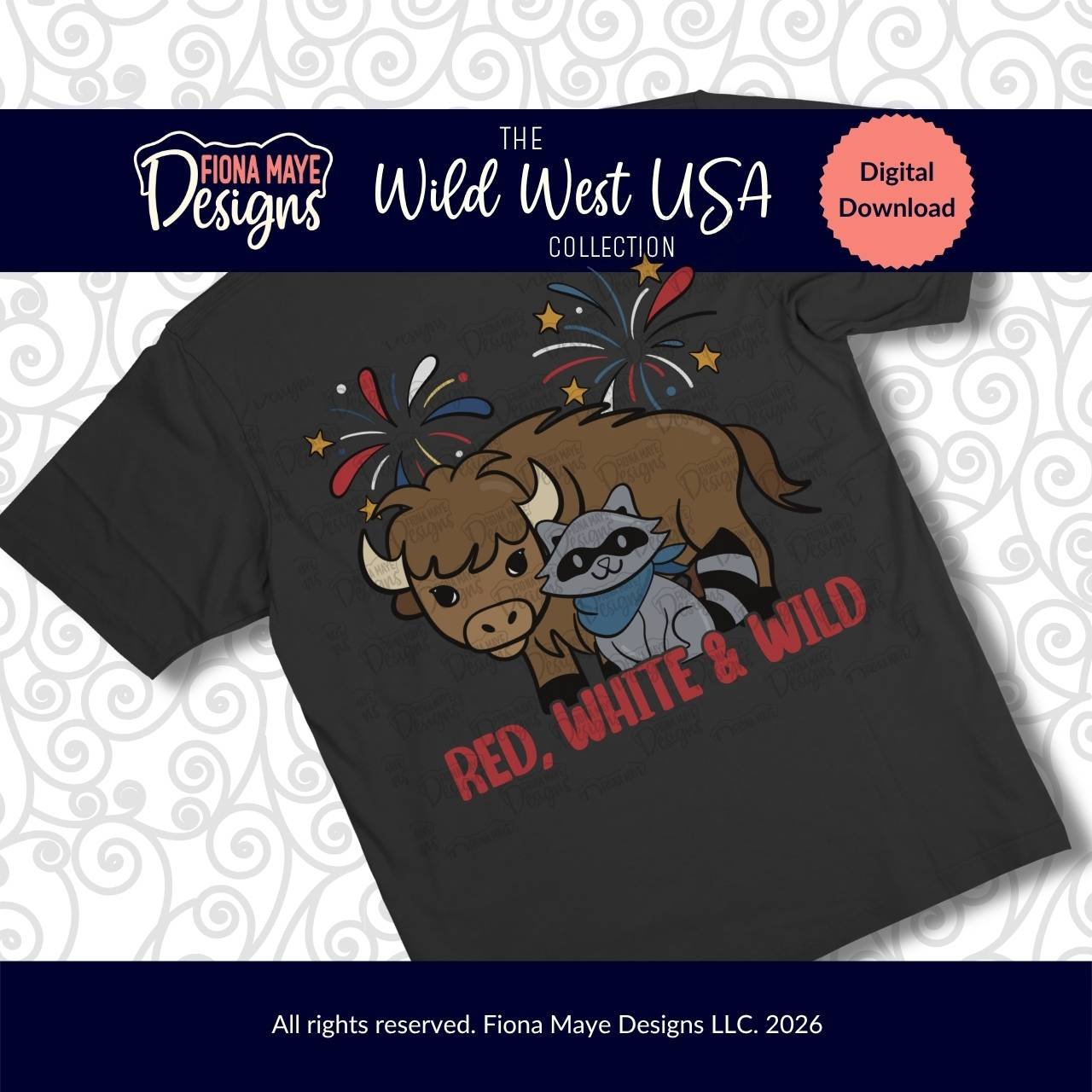 Hand-drawn Red, White & Wild patriotic bison and raccoon PNG surrounded by red, white, and blue fireworks and gold stars. Wild West USA Collection digital download by Fiona Maye Designs.
