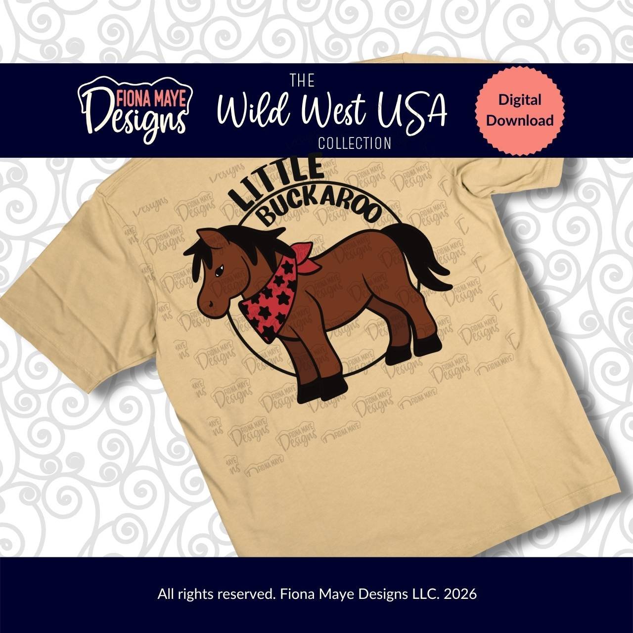 Hand-drawn Little Buckaroo cute baby horse PNG wearing a red star bandana and bow with western circle lettering. Wild West USA Collection digital download by Fiona Maye Designs.