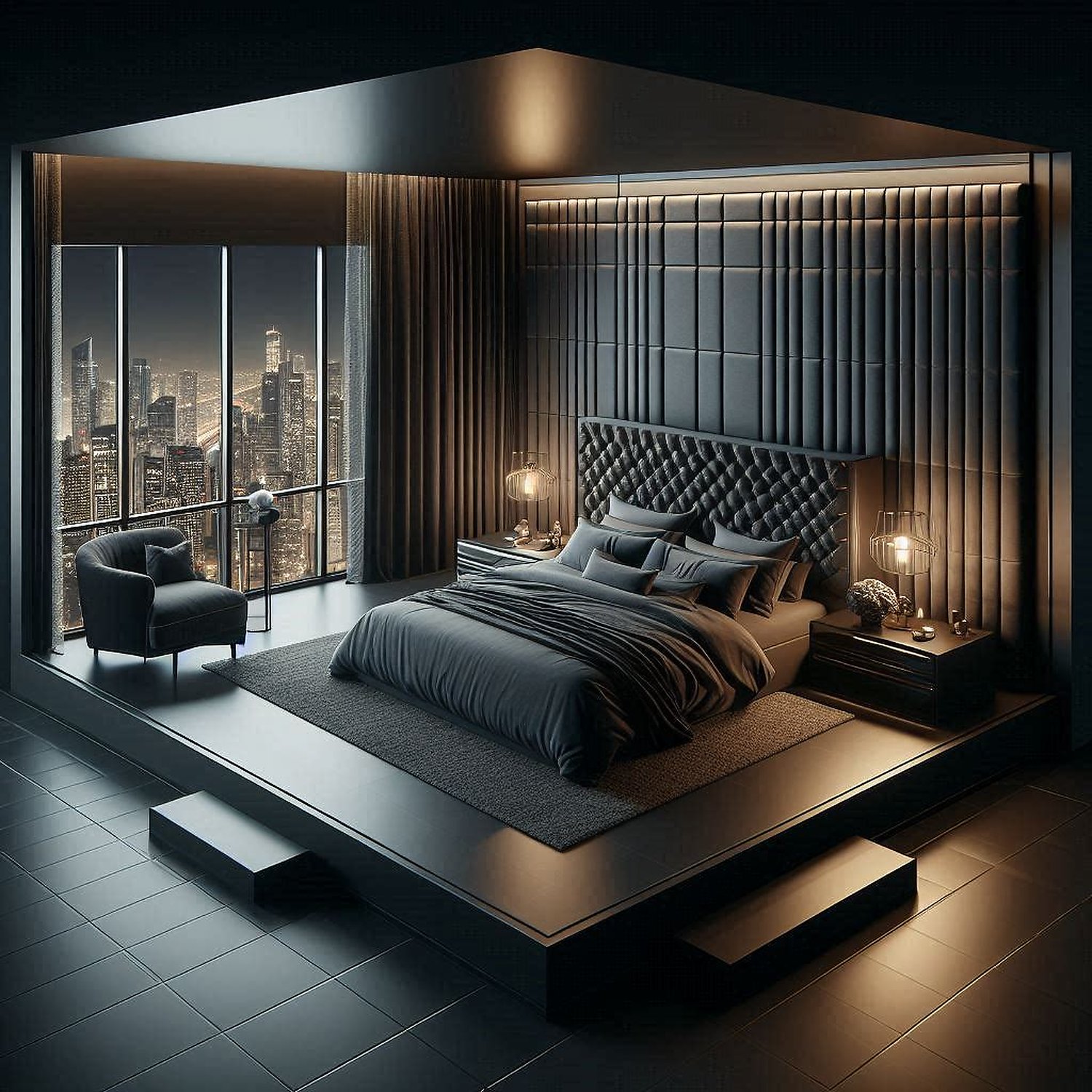 Dark Penthouse Bedroom — Quilted Black Headboard & City Skyline Night ...