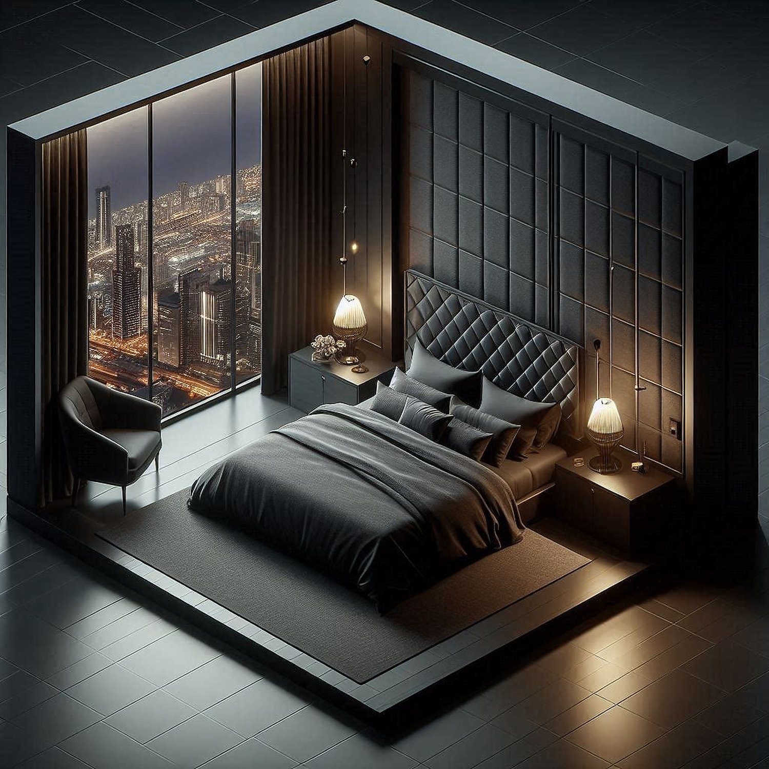 Dark Penthouse Bedroom — Quilted Black Headboard & City Skyline Night ...