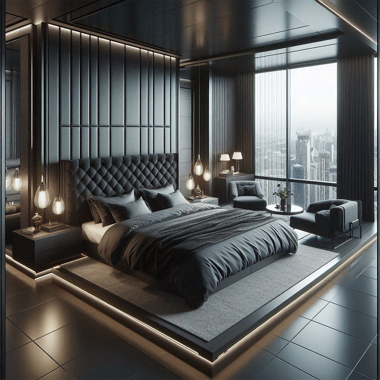 Dark Penthouse Bedroom — Quilted Black Headboard & City Skyline Night ...