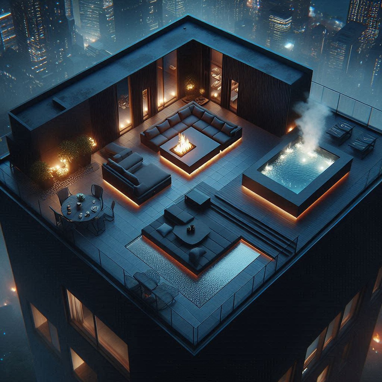 Dark Penthouse Rooftop — Fire Pit Lounge & City Skyline Night Scene ...