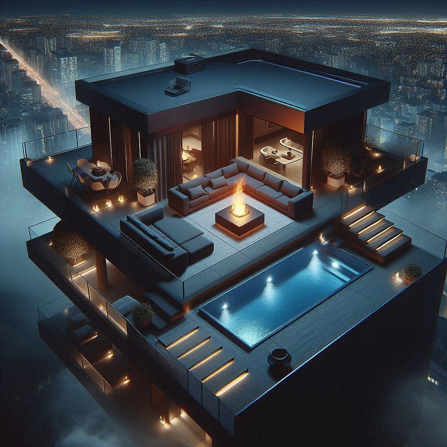 Dark Penthouse Rooftop — Fire Pit Lounge & City Skyline Night Scene ...