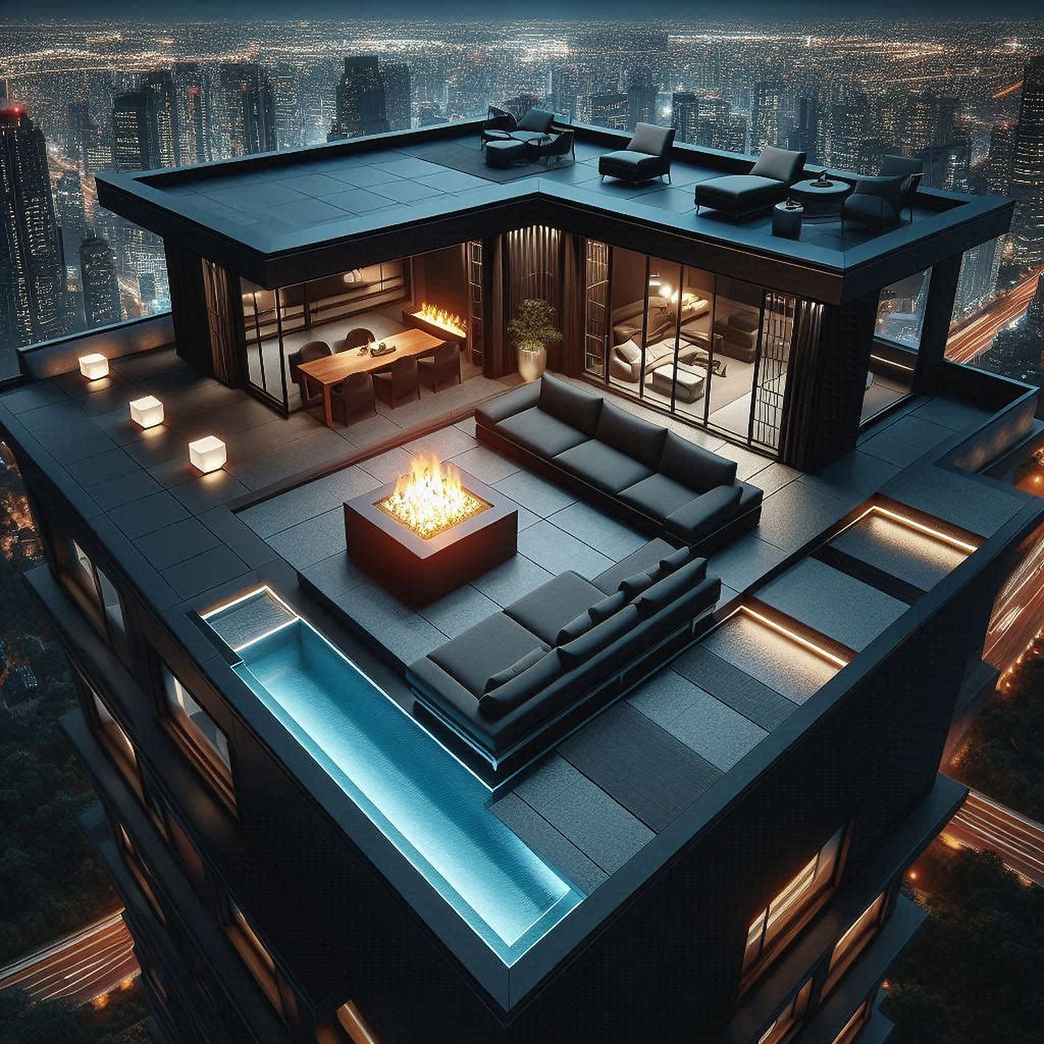 Dark Penthouse Rooftop — Fire Pit Lounge & City Skyline Night Scene ...