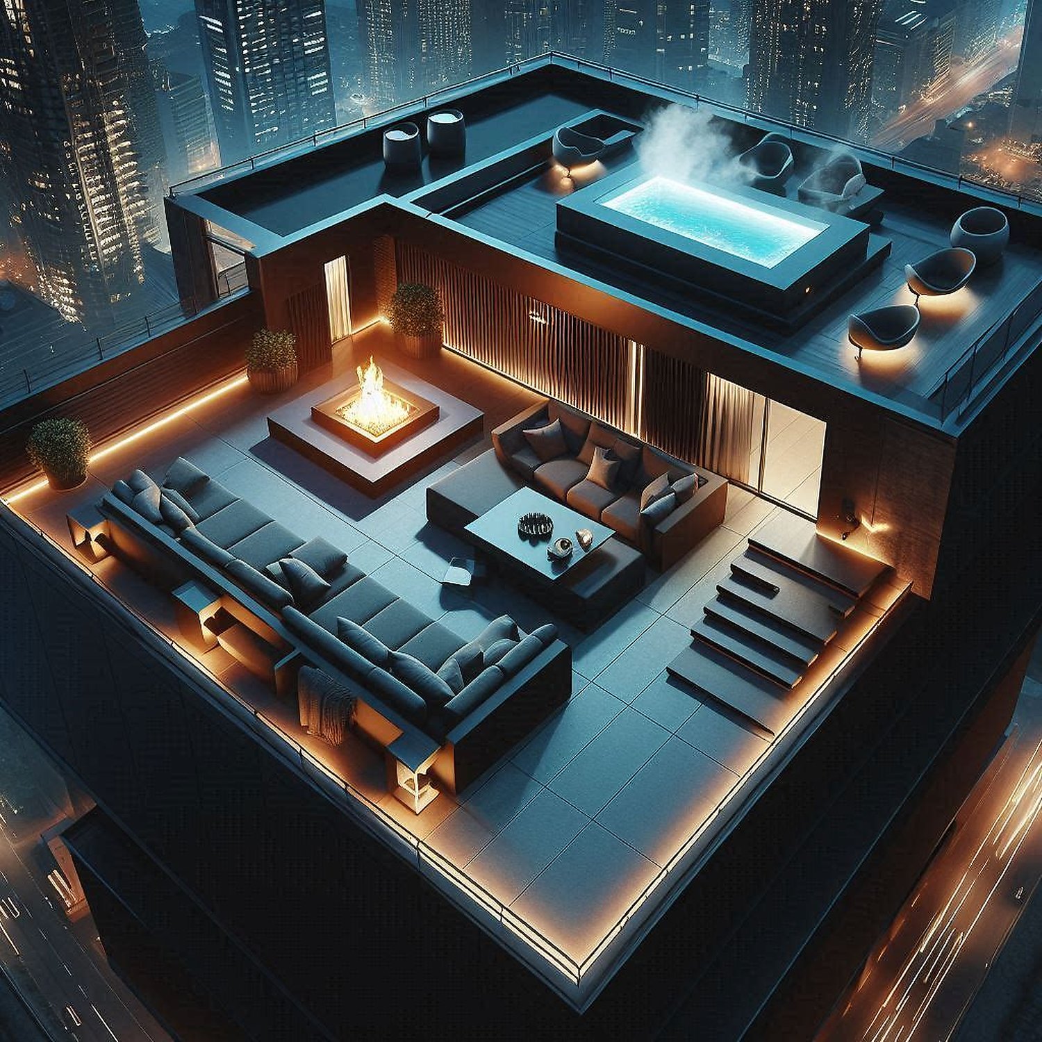 Dark Penthouse Rooftop — Fire Pit Lounge & City Skyline Night Scene ...