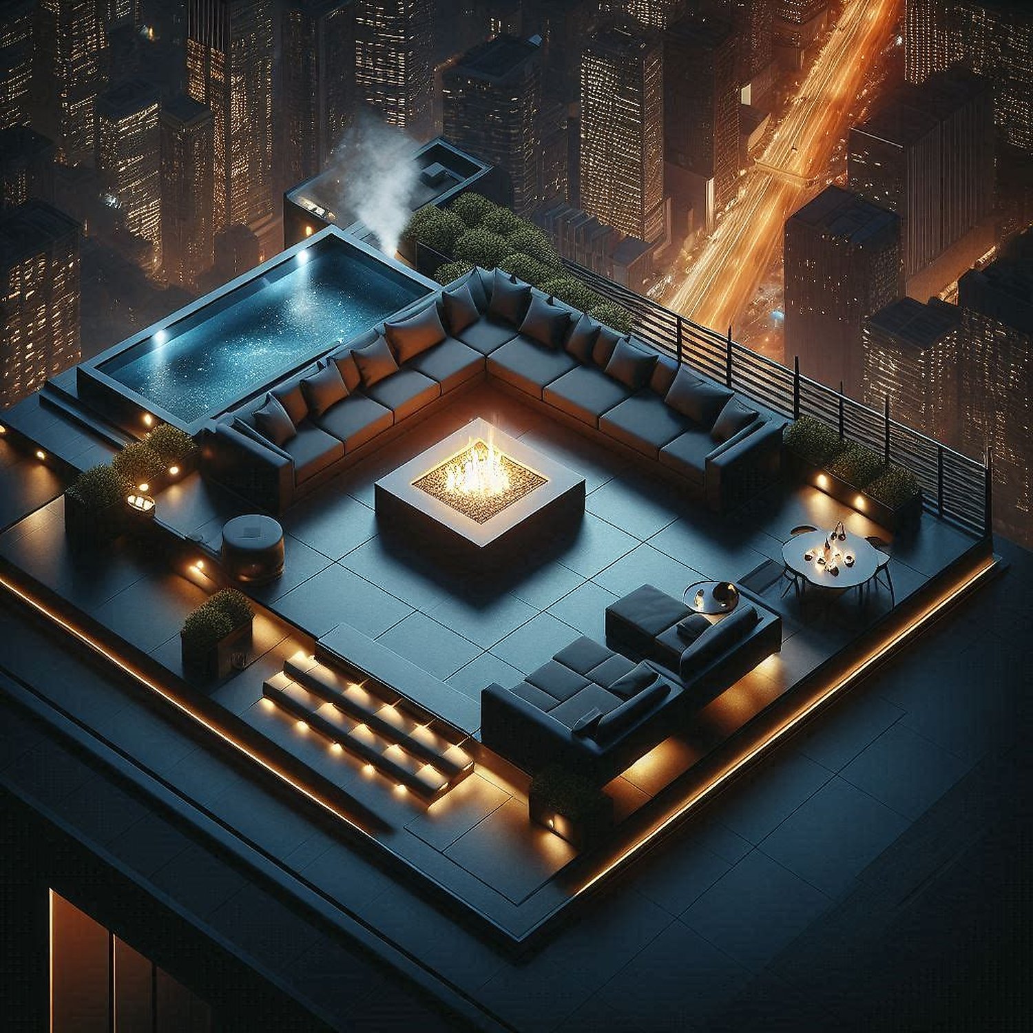 Dark Penthouse Rooftop — Fire Pit Lounge & City Skyline Night Scene ...