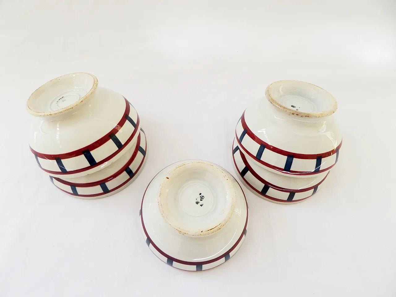 Set of five French footed café au lait bowls Basque pattern of red and blue stripes by Badonviller