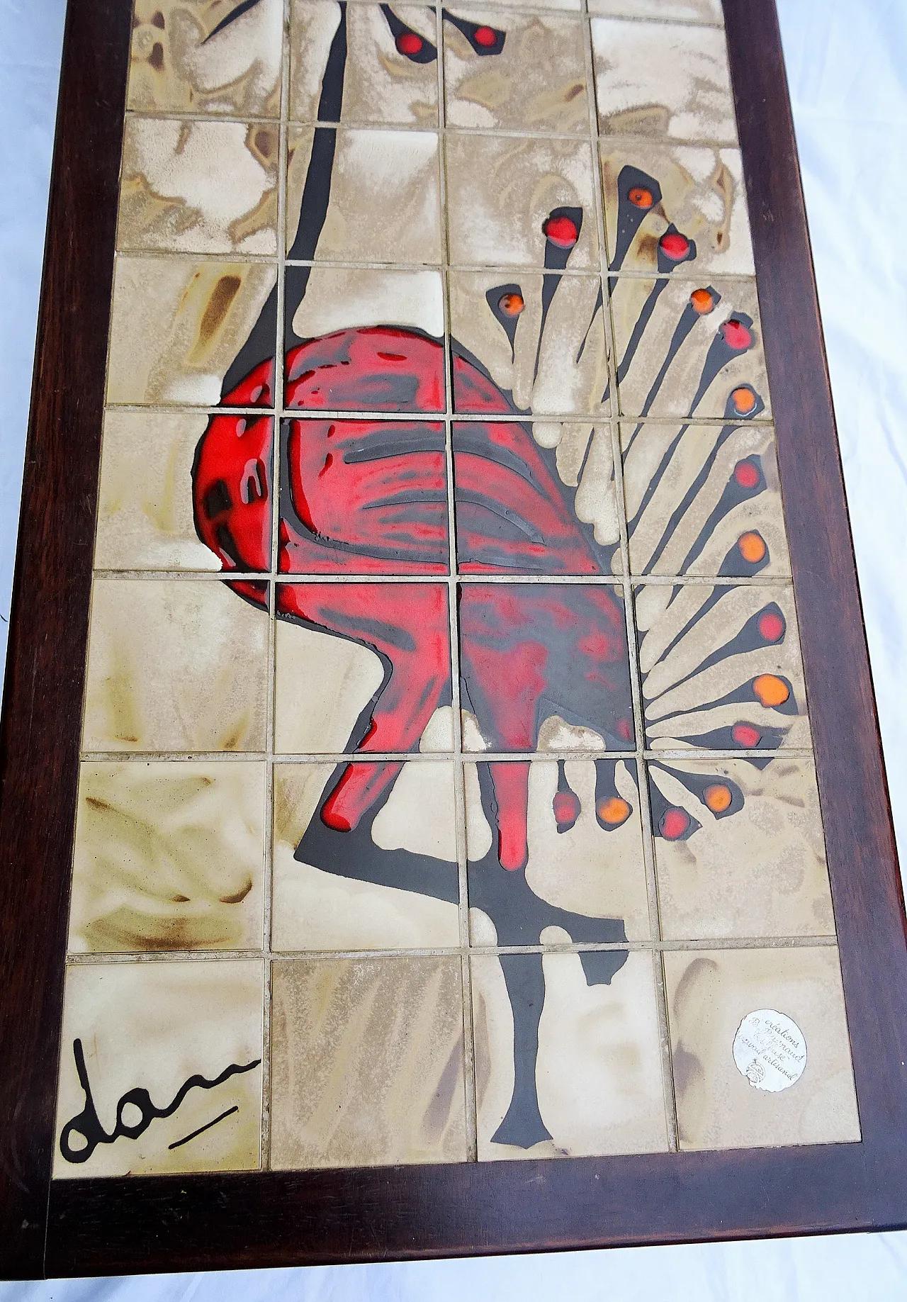 unique coffee table featuring a hand-painted Gray Crowned Crane motif, signed ‘Dan’
