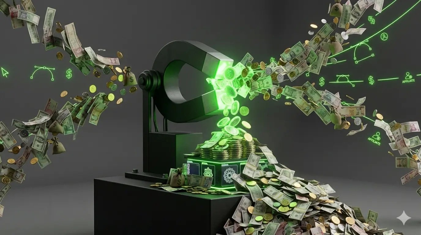 Conceptual 3D render of a matte black industrial magnet attracting a stream of dollar bills, gold coins, and neon green vector paths against a dark limbo background.