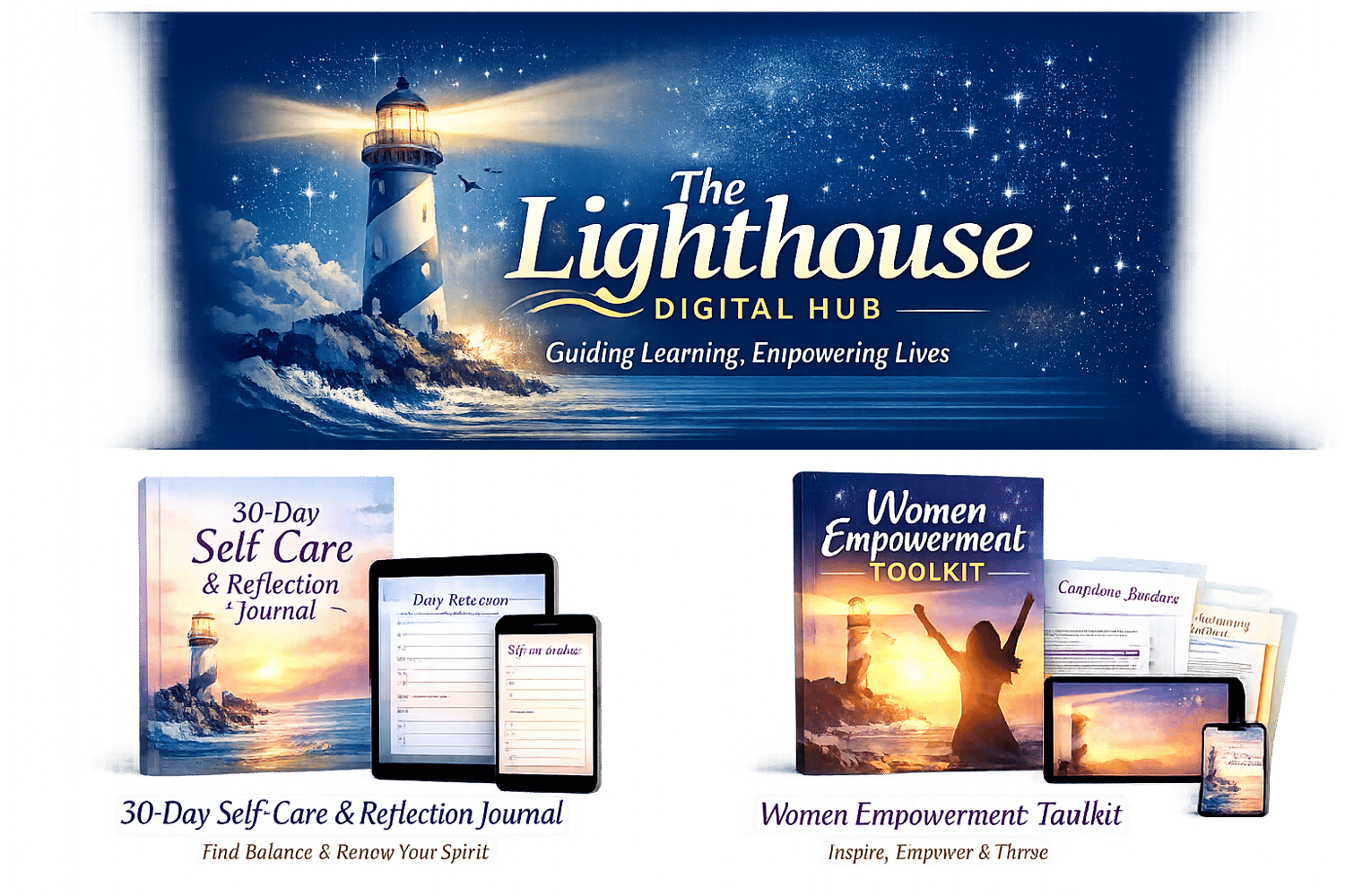 The Lighthouse Digital Hub logo representing an online store offering digital products such as self-care journals, women empowerment resources, educational materials, and personal development tools designed to inspire growth, healing, and success.t