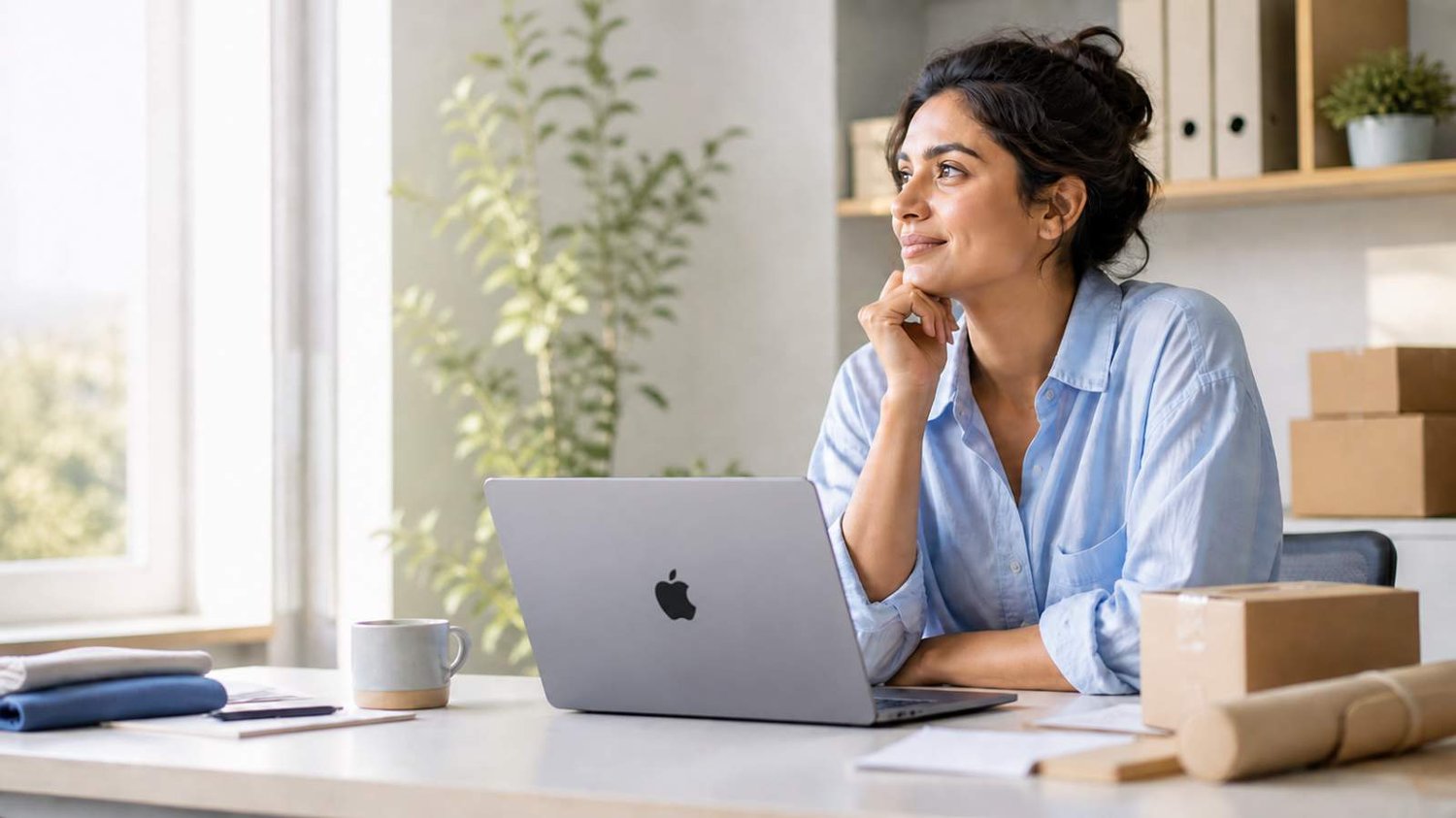 Online store owner calmly reviewing ecommerce performance in a bright workspace