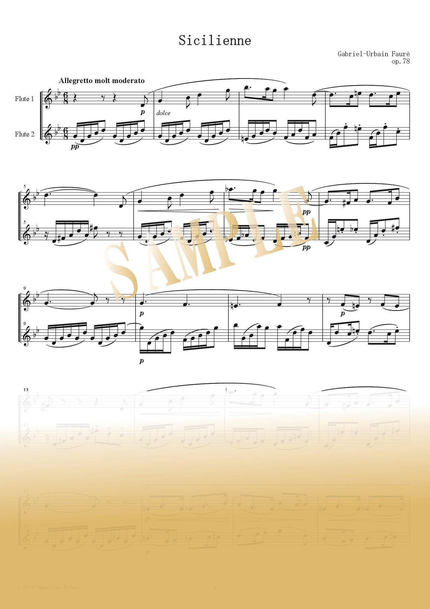 Sample page from Sicilienne by Gabriel Fauré – flute duet score for two flutes