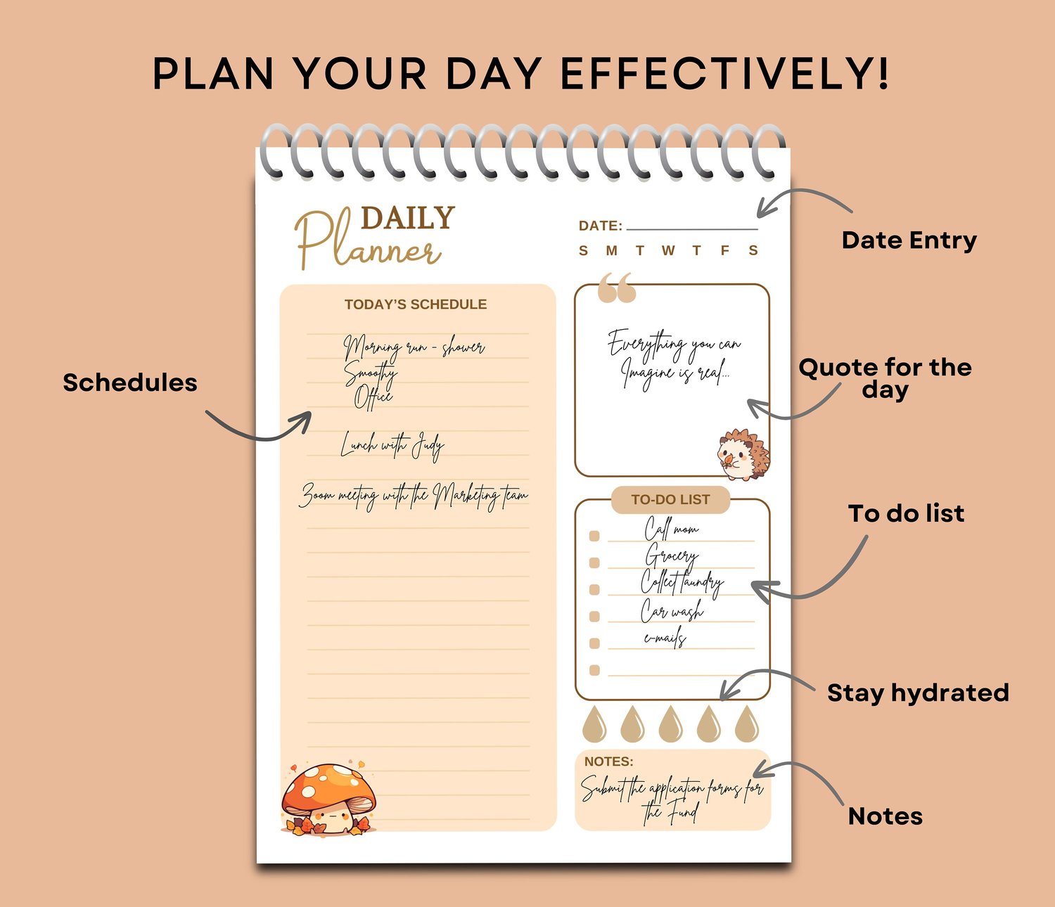 Fall‑themed daily planner page with sections for date, today’s schedule, to‑do list, hydration tracker, and notes, decorated with mushroom and hedgehog illustrations.