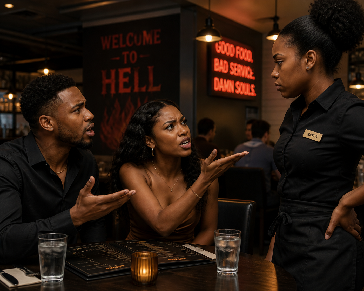Tense dinner confrontation in dimly lit restaurant