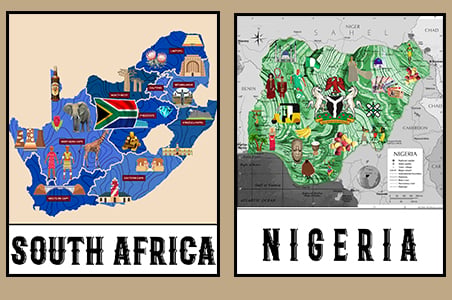 Digital downloads maps of country with symbolic icons that represent a particular country.