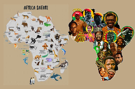 African map with safari animals and another African map wit pan African revolutionaries