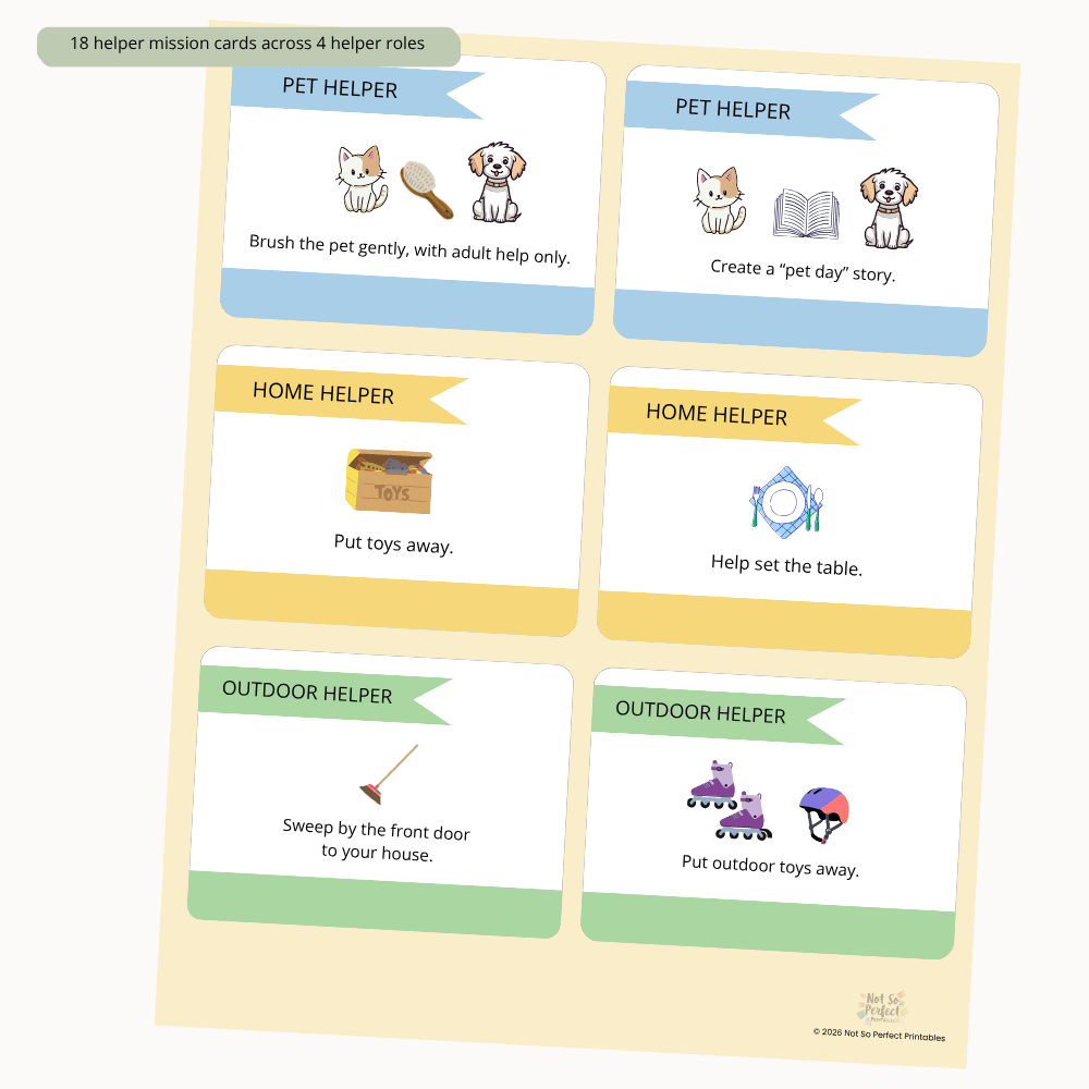 Printable Helper Hands experience system demonstrating how children follow structured prompts to develop independence and complete everyday tasks