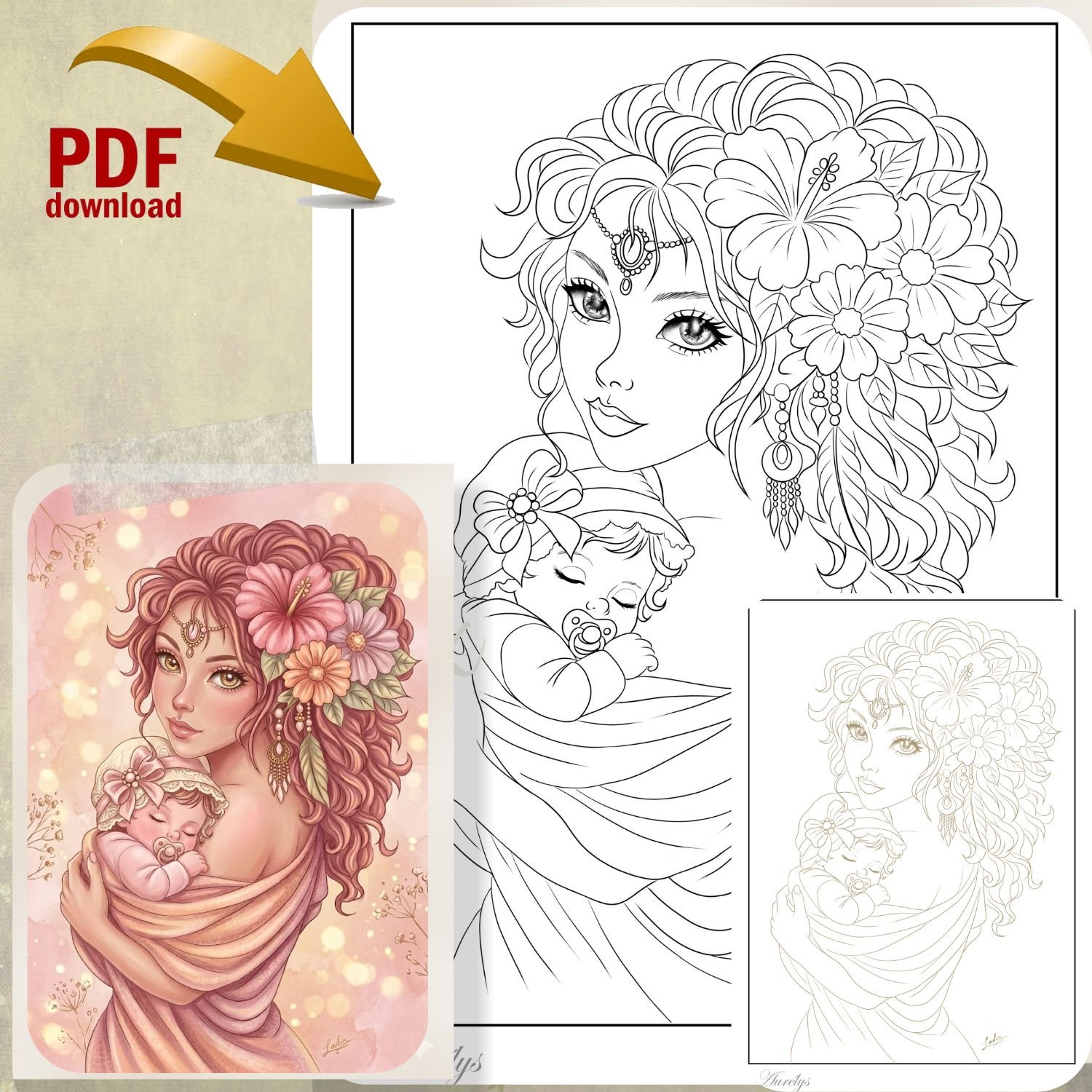 Coloriage adulte, Coloriage maman, Maternité art, Bébé coloriage, Téléchargement numérique, Portrait femme, Style bohème, Fleurs hibiscus, Art thérapie, Coloriage à imprimer, Cadeau baby shower, Illustration zen, Dessin linéaire.