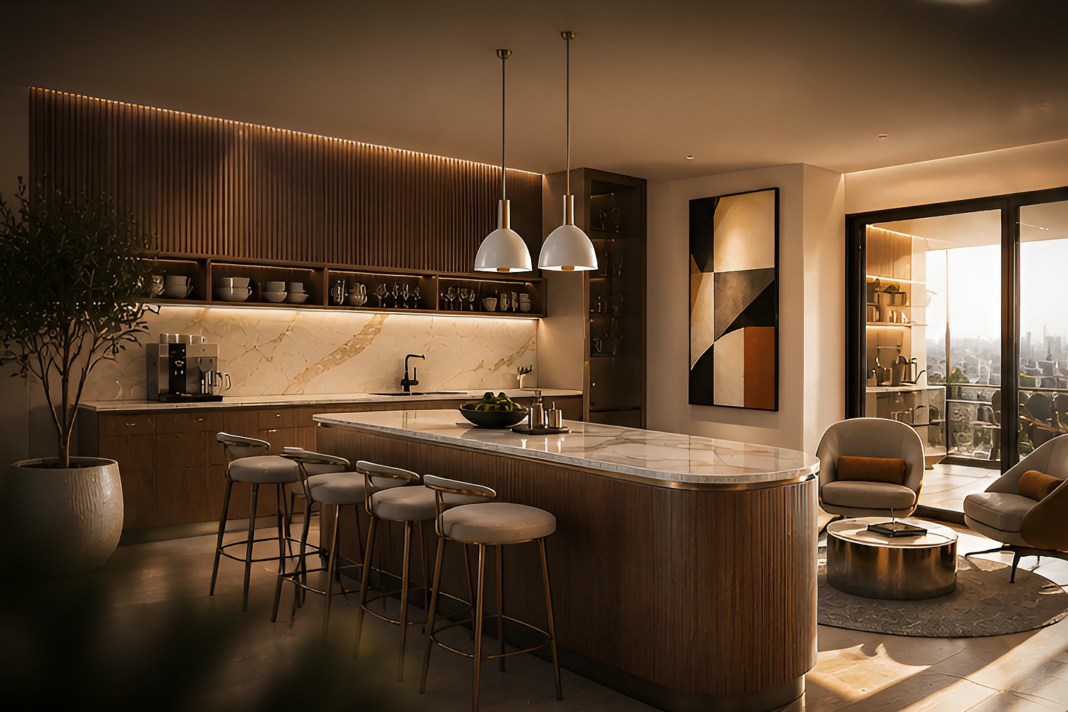 Luxury modern living room with open kitchen featuring warm wood cabinetry, neutral tones, pendant lighting, and stylish contemporary furniture in a cozy high-end interior design setting.