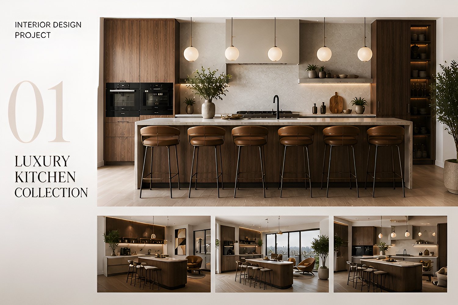Luxury modern living room with open kitchen featuring warm wood cabinetry, neutral tones, pendant lighting, and stylish contemporary furniture in a cozy high-end interior design setting.