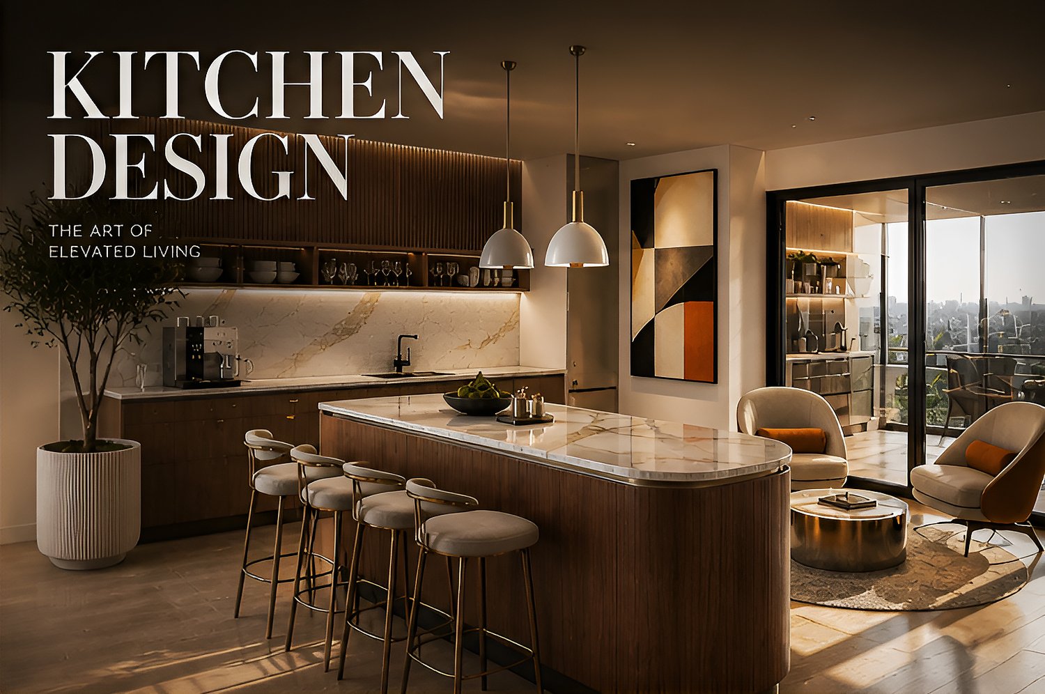 Luxury modern living room with open kitchen featuring warm wood cabinetry, neutral tones, pendant lighting, and stylish contemporary furniture in a cozy high-end interior design setting.