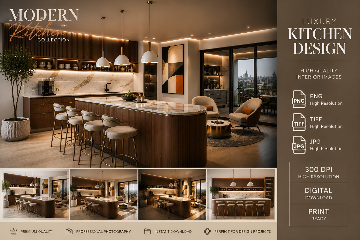 Luxury modern living room with open kitchen featuring warm wood cabinetry, neutral tones, pendant lighting, and stylish contemporary furniture in a cozy high-end interior design setting.