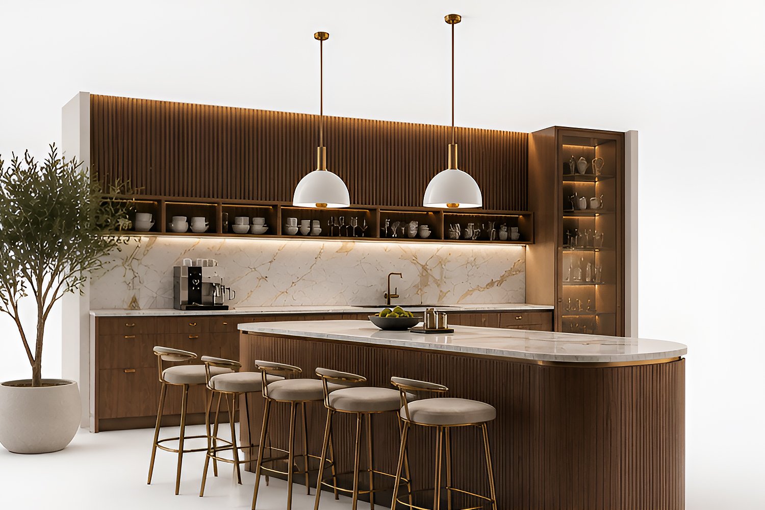 Luxury modern living room with open kitchen featuring warm wood cabinetry, neutral tones, pendant lighting, and stylish contemporary furniture in a cozy high-end interior design setting.