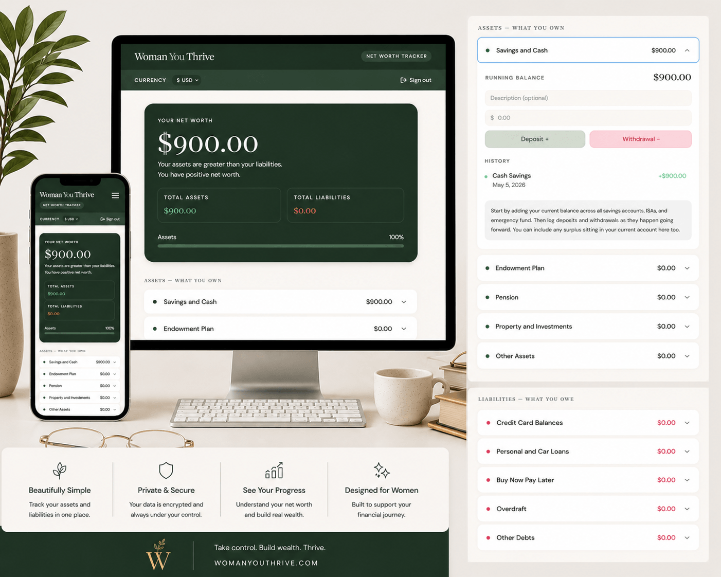 Net Worth Tracker app on tablet showing savings and cash category open with transaction history deposit and withdrawal log