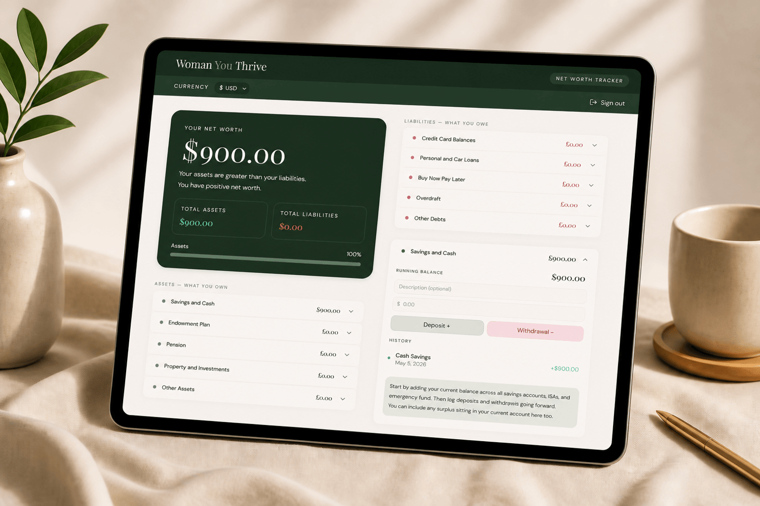 Woman You Thrive Net Worth Tracker shown across desktop and mobile devices displaying net worth calculation assets and liabilities in real time