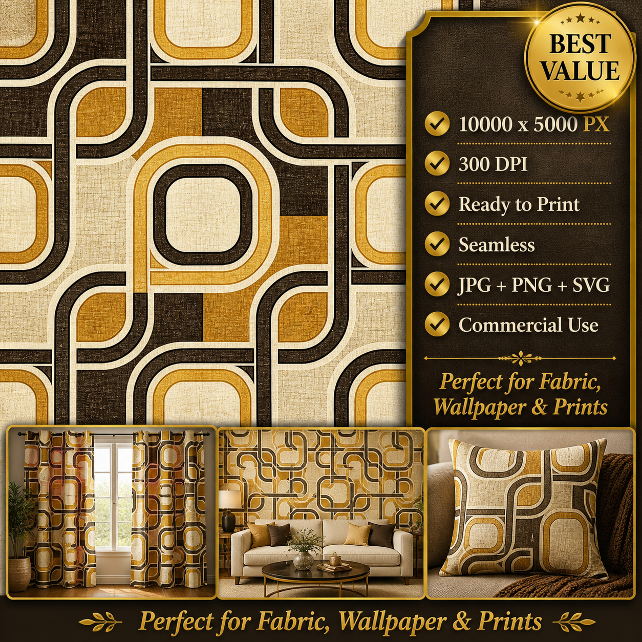 Retro Geometric Seamless Pattern Mid Century Modern Abstract Background Beige Brown Gold Wallpaper Design