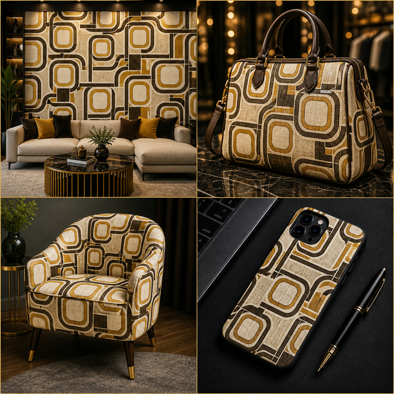 Retro Geometric Seamless Pattern Mid Century Modern Abstract Background Beige Brown Gold Wallpaper Design