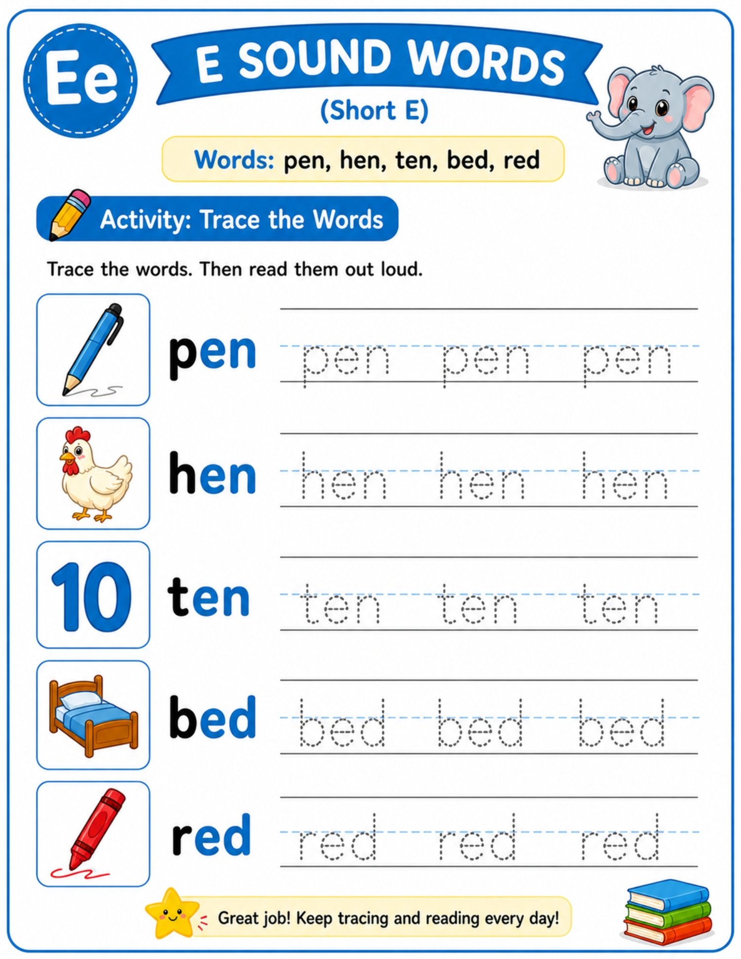 Short E CVC words worksheet with tracing practice for kids including pen, hen, ten, bed, and red