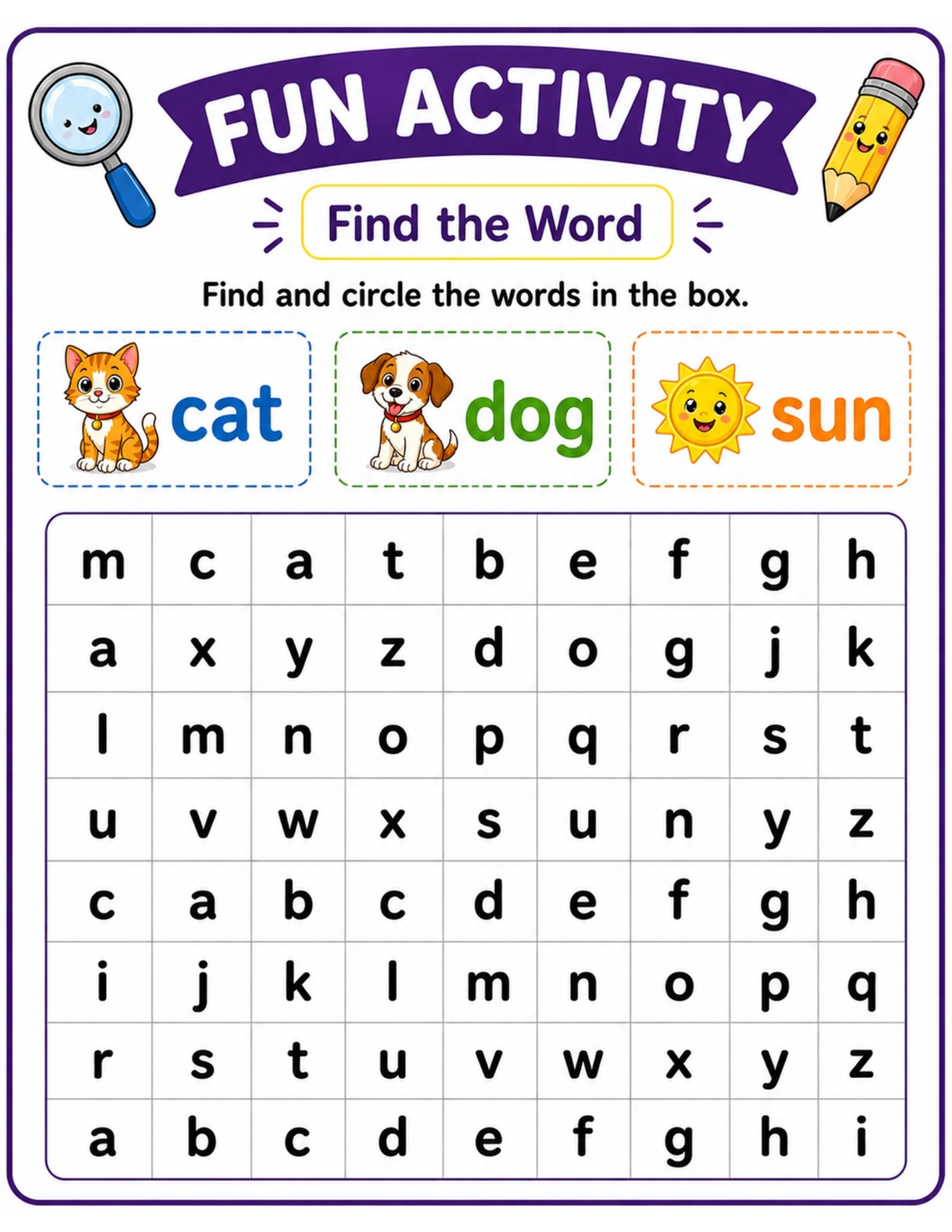 Kids word search puzzle featuring simple CVC words like cat, dog, and sun in a colorful learning worksheet
