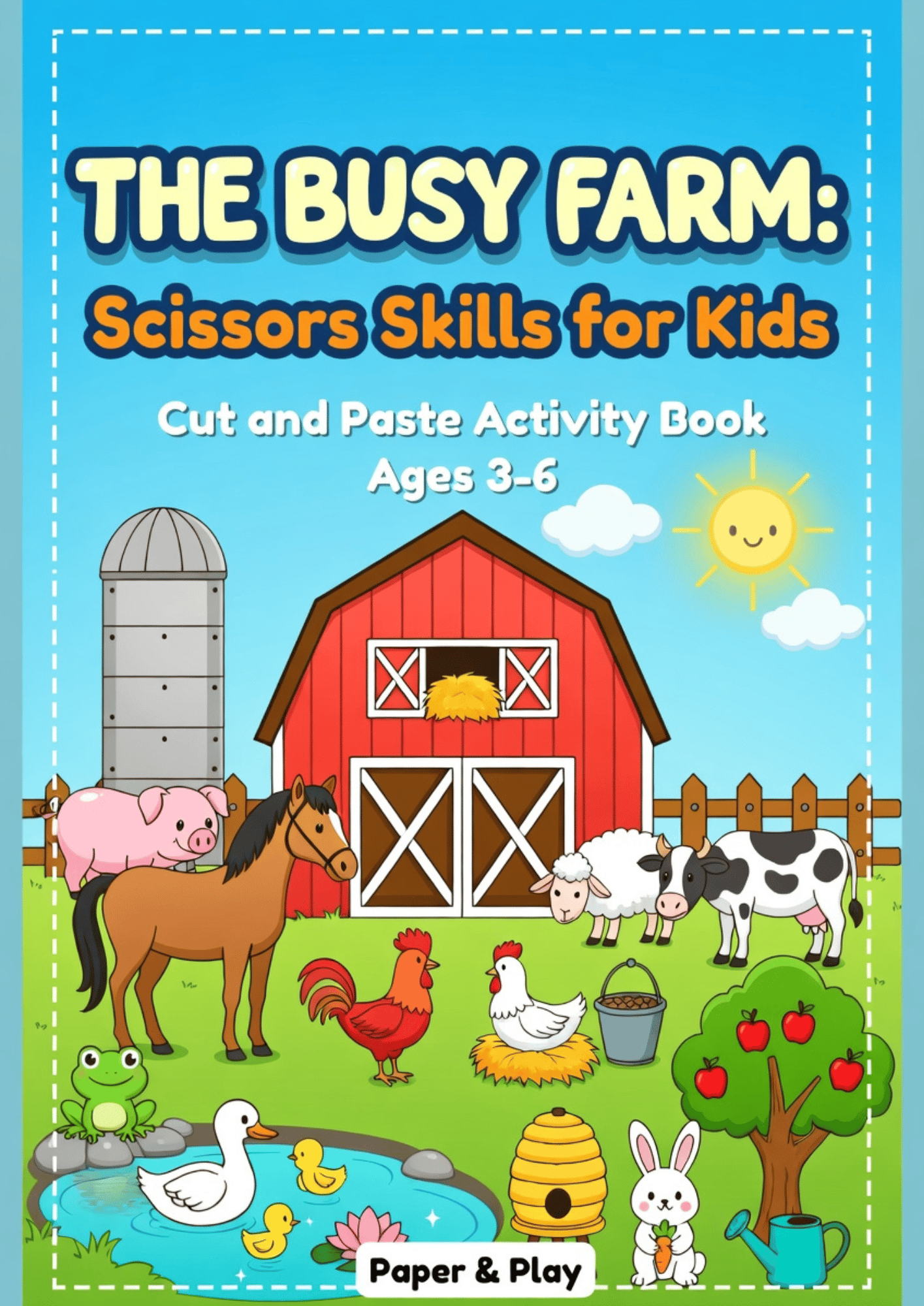 A fine motor skill worksheet for preschoolers featuring shadow matching and vocabulary labels for farm animals including a rooster, hen, and chicks.