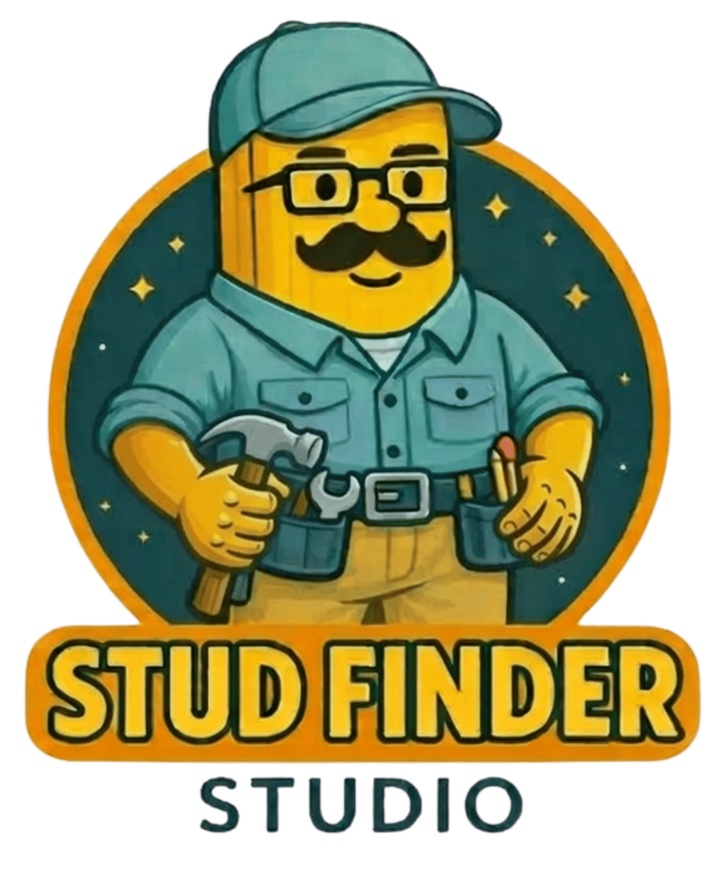 Stud Finder Studio logo featuring a cartoon handyman mascot with tools, focused on DIY home improvement, wall mounting, floating shelves, drywall anchors, and practical homeowner repair guides.