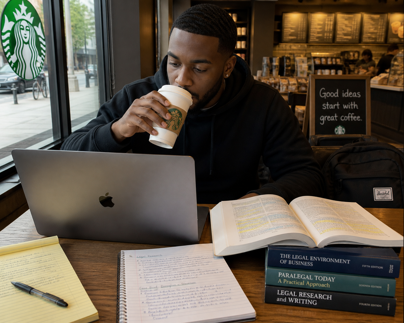 Focused study session at café