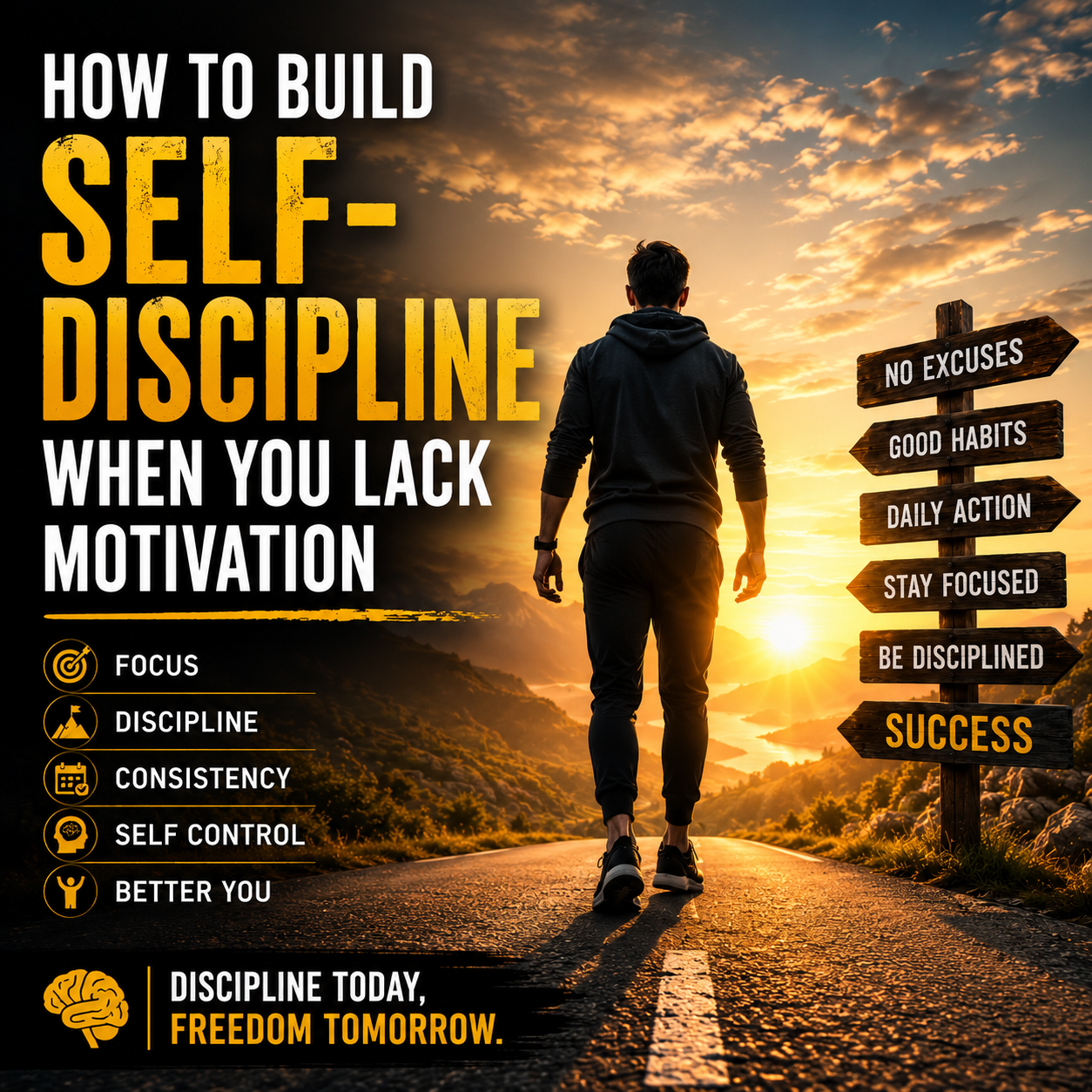 A motivational self-discipline themed cover image showing a man walking toward a bright sunrise on an open road, symbolizing personal growth, consistency, focus, and success despite lack of motivation.