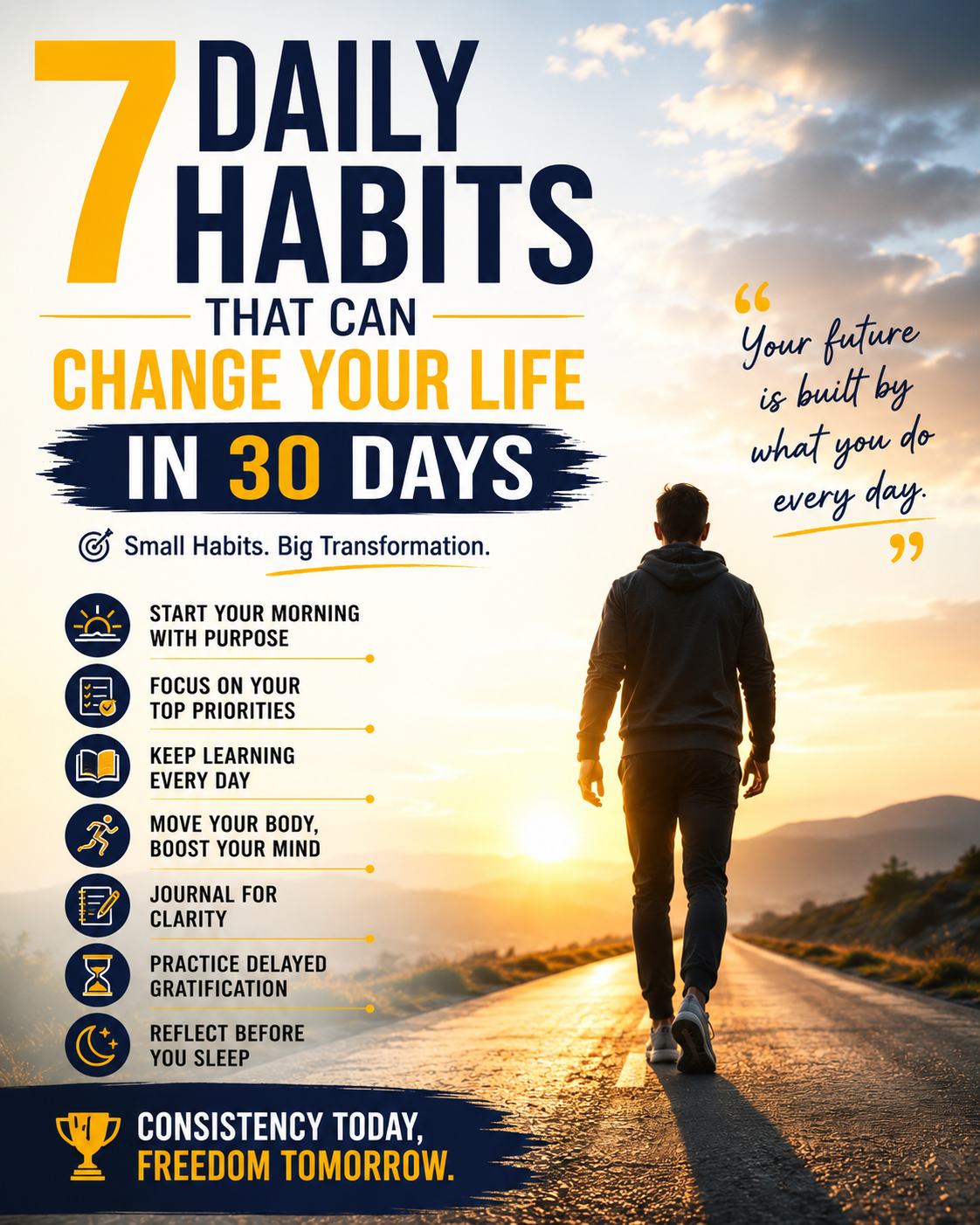 Motivational 4:5 poster about daily habits showing a man walking toward a sunrise, with inspiring text about building better routines, focus, discipline, and personal growth in 30 days.
