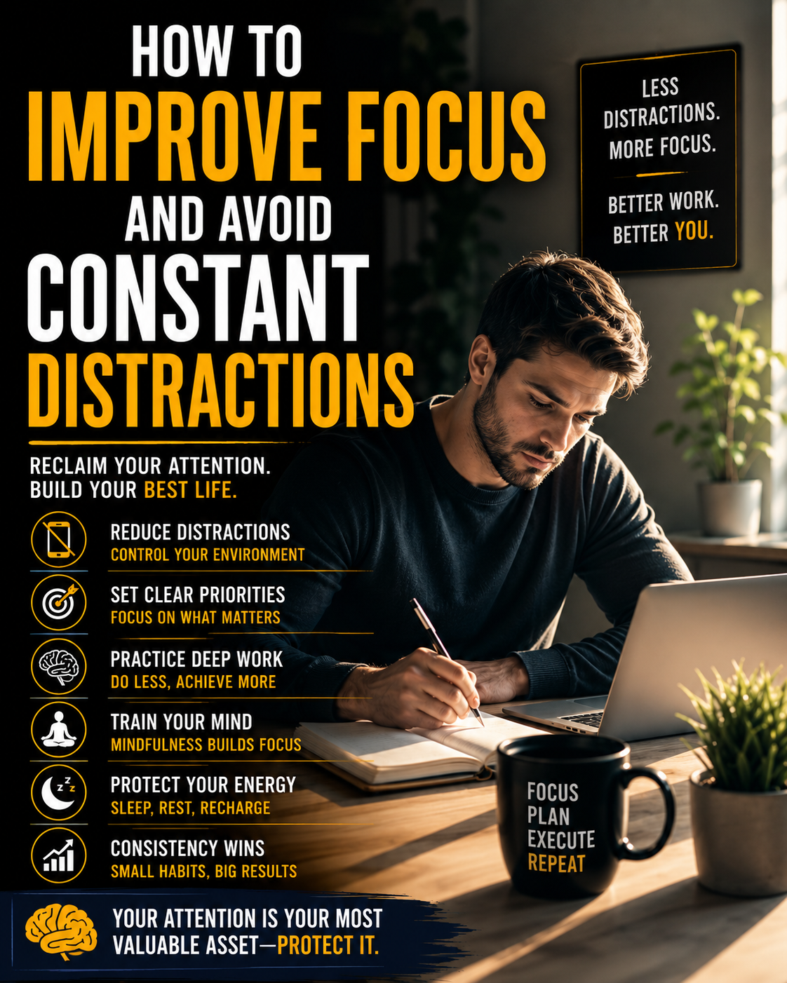 Motivational 4:5 cover image showing a focused man working at a desk with productivity tips and bold text about improving focus, reducing distractions, building discipline, and increasing mental clarity.