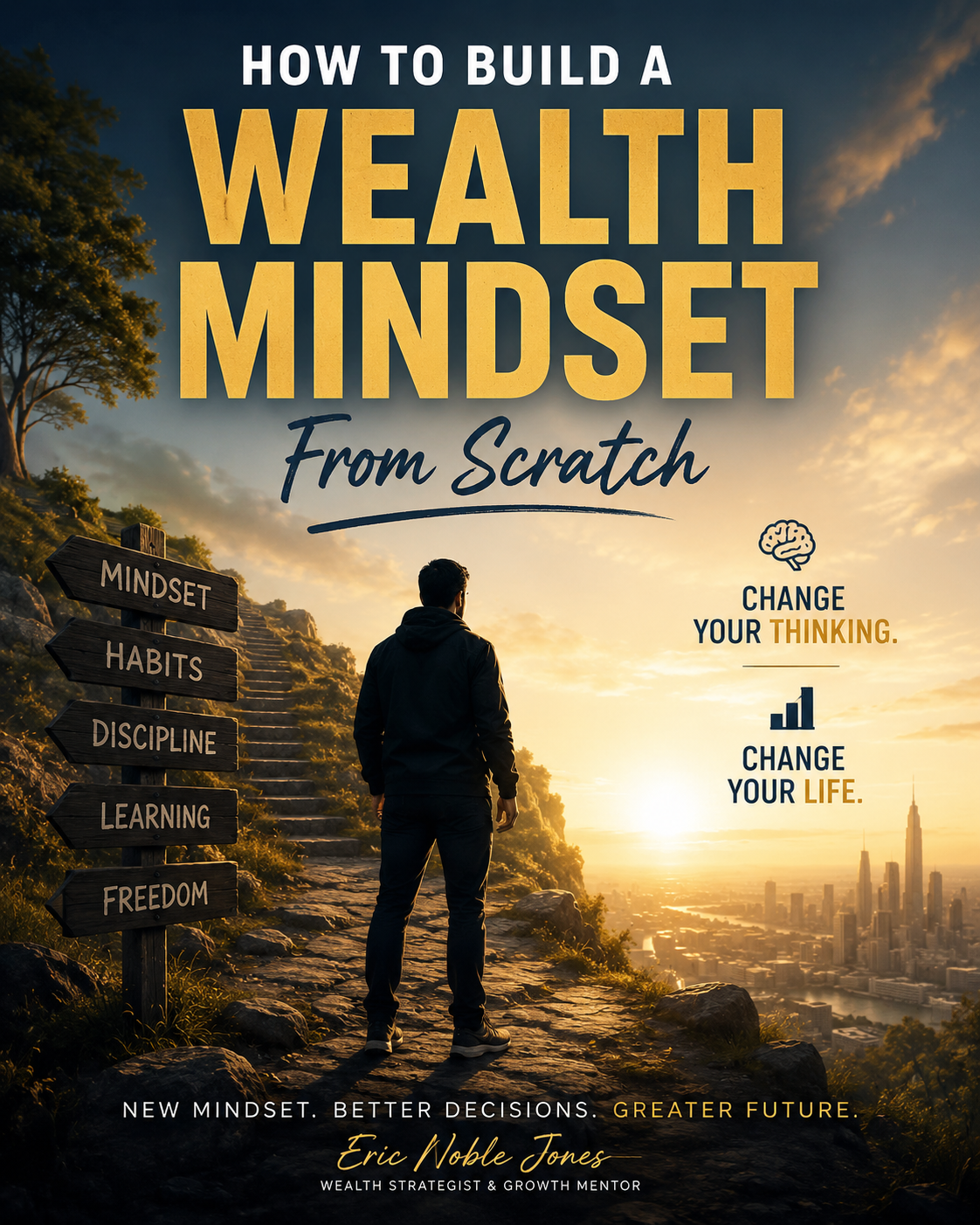 Inspirational wealth mindset cover image showing a man standing on a mountain path overlooking a modern city skyline at sunrise, symbolizing financial growth, discipline, and personal transformation.